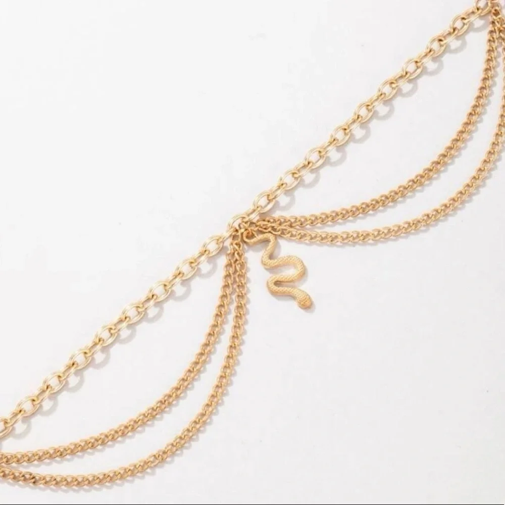 Gold Snake Charm Layered Anklet for Women, Adjustable Iron Alloy Chain Anklet